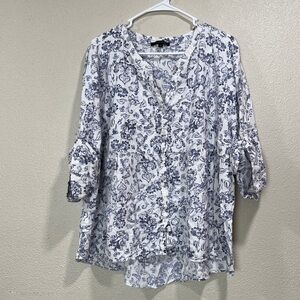 Tahari White & Blue Floral Button-Front Women's Top